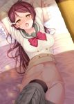  arms_up blush commentary_request frilled_pillow frills from_above hair_ornament hairclip komone_ushio long_hair looking_at_viewer love_live! love_live!_sunshine!! lying nose_blush on_back open_mouth panties pillow red_hair sakurauchi_riko school_uniform serafuku skirt skirt_around_one_leg solo sweat underwear white_panties wooden_floor yellow_eyes 