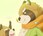  2018 anthro blush brown_fur canine clothed clothing duo eyes_closed fur gyobu leaf male mammal overweight overweight_male scar simple_background tanuki tokyo_afterschool_summoners 