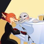  anthro canid canine clothing disney dress duo female fox green_eyes judy_hopps lagomorph male mammal microphone musical_instrument nick_wilde piano purple_eyes rabbit skeletonguys-and-ragdolls suit zootopia 