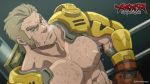  abs blonde_hair boxing_ring chest chest_hair dutch_angle glen_burroughs highres konohanaya logo looking_at_viewer male_focus megalo_box nipples sideburns signature solo sweat 
