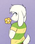  2018 anthro asriel_dreemurr blush boss_monster butt_pose caprine clothed clothing crackers flower fur green_eyes looking_at_viewer male mammal plant purple_background simple_background smile solo standing undertale video_games white_fur 