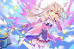  blonde_hair boots clouds dress fate/kaleid_liner_prisma_illya fate_(series) illyasviel_von_einzbern long_hair magic ponytail red_eyes rie_(reverie) sky stars thighhighs waifu2x wand wings zettai_ryouiki 