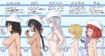  bangs bikini black_hair blonde_hair blue_eyes breasts brown_eyes bust_chart closed_eyes closed_mouth commentary cutlass_(girls_und_panzer) dark_skin debutya_aki dixie_cup_hat flint_(girls_und_panzer) from_side girls_und_panzer hand_on_hip hat height_chart height_difference highres large_breasts lineup long_hair looking_away medium_breasts micro_bikini military_hat multiple_girls murakami_(girls_und_panzer) ogin_(girls_und_panzer) open_mouth pipe ponytail profile red_hair rum_(girls_und_panzer) short_hair silver_hair small_breasts smile strap_gap string_bikini swimsuit translation_request white_bikini white_hat 