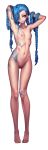  1girl absurdres armpits arms_behind_head arms_up asymmetrical_bangs bandaid bandaid_on_knee bangs bare_shoulders biting blue_hair boots braid bullet collarbone flat_chest full_body grin groin hair_over_one_eye hair_tie head_tilt highres jinx_(league_of_legends) league_of_legends lip_biting long_hair looking_at_viewer navel nipples nude oopartz_yang purple_eyes pussy revision smile solo standing stomach stomach_tattoo tattoo twin_braids very_long_hair 