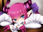  asymmetrical_horns blue_eyes commentary_request crossed_arms elizabeth_bathory_(fate) elizabeth_bathory_(fate)_(all) fate/grand_order fate_(series) head_on_table horns long_hair looking_at_viewer pink_hair pointy_ears sasasa_(nashi) solo table 