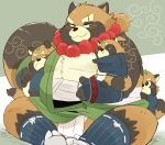  2018 anthro brown_fur canine clothed clothing fundoshi fur gyobu hyaku1063 japanese_clothing male mammal overweight overweight_male scar sitting tanuki tokyo_afterschool_summoners underwear 