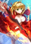  aestus_estus ahoge blonde_hair breasts cleavage closed_mouth commentary_request dress fate/extra fate/grand_order fate_(series) green_eyes looking_at_viewer nero_claudius_(fate) nero_claudius_(fate)_(all) nina_(pastime) red_dress short_hair solo sword weapon 