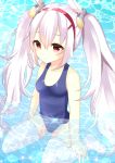  animal_ears azur_lane bangs bare_arms bare_shoulders blue_swimsuit blush bunny_ears collarbone commentary_request day eyebrows_visible_through_hair hair_between_eyes hair_ornament hairband laffey_(azur_lane) long_hair misaki_(misaki86) no_shoes old_school_swimsuit one-piece_swimsuit outdoors parted_lips partially_submerged red_eyes red_hairband school_swimsuit silver_hair sitting solo sparkle swimsuit thighhighs twintails very_long_hair wariza water white_legwear 
