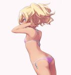  arm_up ass bikini blonde_hair blue_eyes breasts commentary cowboy_shot dutch_angle from_side hair_between_eyes halterneck looking_at_viewer medium_hair mochi_(mochi444420) original pink_bikini ponytail profile side-tie_bikini simple_background small_breasts solo swimsuit 