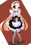  abigail_williams_(fate/grand_order) alternate_costume apron bangs black_bow black_dress black_footwear blonde_hair blue_eyes blush bow brown_background brown_legwear closed_mouth commentary_request detached_sleeves dress enmaided eyebrows_visible_through_hair fate/grand_order fate_(series) forehead frilled_apron frills hair_bow high_heels highres kujou_karasuma long_hair long_sleeves looking_at_viewer maid maid_headdress multicolored_hair object_hug parted_bangs pigeon-toed shoes sidelocks signature sleeveless sleeveless_dress solo standing thighhighs two-tone_hair very_long_hair waist_apron wavy_mouth white_apron white_background white_bow 