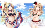  akatsuki_hijiri anchor_hair_ornament bare_shoulders beret bikini bikini_day bikini_skirt black_bikini blonde_hair blue_eyes blue_hair blue_sky blush braid breasts cleavage cloud collarbone commandant_teste_(kantai_collection) commentary_request confetti day eyebrows_visible_through_hair floating_hair france french_braid frilled_bikini frills hair_between_eyes hair_ornament hair_up hat hat_removed headwear_removed holding holding_hat italian_flag_bikini italy kantai_collection large_breasts lifted_by_self long_hair looking_at_viewer mini_hat multicolored multicolored_bikini multicolored_clothes multicolored_hair multicolored_sarong multicolored_scarf multiple_girls navel open_mouth outside_border pom_pom_(clothes) purple_eyes red_hair sarong sarong_lift scarf side_braid sky smile stomach streaked_hair swimsuit thighs wavy_hair wind zara_(kantai_collection) 