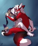  2017 anthro anthro_on_anthro blue_background breasts canine coyote digital_media_(artwork) duo embrace english_text eyes_closed female foreplay fox fur hair licking long_hair looking_at_partner male male/female mammal moan nude onomatopoeia open_mouth pawpads paws pulling_hair red_eyes red_fur signature simple_background sitting sound_effects tasteful teeth text thelupinprincess tongue tongue_out white_fur white_hair 