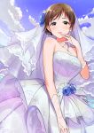  bangs bare_shoulders blue_flower blue_rose blue_sky blush breasts bridal_gauntlets bridal_veil bride brown_eyes brown_hair cleavage collarbone commentary_request dress earrings flower hair_bun hair_flower hair_ornament hand_on_own_chin highres idolmaster idolmaster_cinderella_girls jewelry large_breasts long_hair looking_at_viewer natsuya necklace nitta_minami parted_lips rose sky smile solo sparkle swept_bangs tied_hair veil wedding_dress white_dress 