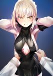  arm_strap armpits arms_up artoria_pendragon_(all) artoria_pendragon_(swimsuit_rider_alter) bangs black_bow black_swimsuit blonde_hair blush bow breasts casual_one-piece_swimsuit chaldea_uniform clothes_pull commentary fate/grand_order fate/stay_night fate_(series) glaring hair_between_eyes hair_bow hands highres looking_at_viewer medium_breasts one-piece_swimsuit outdoors pov pov_hands sidelocks standing sweat swimsuit taishi_(picchiridou) thigh_strap tied_hair tying_hair underboob yellow_eyes 