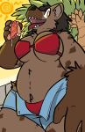  2019 anthro beach bikini bra breasts clothed clothing eating female food gnoll hot_dog hyaenid mammal palm_tree seaside shorts solo spotted_hyena swimsuit tree trout_(artist) underwear wall_(disambiguation) 