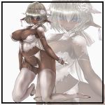  bangs black_border blue_eyes border breasts character_request commentary_request dark_elf dark_skin ears_visible_through_hair elf eyebrows_visible_through_hair gond hoshizora_no_babylon kneeling large_breasts looking_at_viewer multiple_views open_mouth pointy_ears short_hair silver_hair white_background white_legwear 