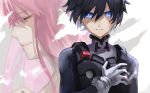  1girl bangs black_bodysuit black_hair blue_eyes bodysuit closed_eyes commentary_request couple darling_in_the_franxx eyebrows_visible_through_hair gloves hand_on_own_chest hetero hiro_(darling_in_the_franxx) long_hair looking_at_viewer pilot_suit pink_hair sa_nomaru shirtless white_gloves zero_two_(darling_in_the_franxx) 