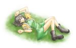  1girl bangs black_eyes black_footwear black_hair bracelet dress full_body grass green_dress hand_on_head hand_on_own_head houshin_engi knees_together_feet_apart long_hair looking_to_the_side lying on_back parted_lips small_breasts solo soranisakuhana 