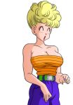  1girl bare_arms bare_shoulders belt blonde_hair blush breasts cleavage cowboy_shot dragon_ball earrings eyes_closed highres large_breasts milf mrs._briefs open_mouth pants purple_pants simple_background sleeveless solo standing strapless stud_earrings transparent_background yamamoto_doujin 