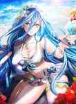  adapted_costume aqua_(fire_emblem_if) aqua_hair beach bikini bracelet breasts cleavage cocktail_umbrella drink elbow_gloves feh_(fire_emblem_heroes) fingerless_gloves fire_emblem fire_emblem_heroes fire_emblem_if flower gloves hair_between_eyes hair_ornament hand_on_own_chest highres jewelry long_hair looking_at_viewer medium_breasts navel necklace ocean open_mouth sand_sculpture shell_hair_ornament single_glove sitting solo swimsuit tongari veil wariza white_gloves yellow_eyes 