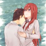  1girl black_hair blush breasts closed_eyes collared_shirt facial_hair hair_between_eyes hand_on_another's_head hug labcoat long_hair long_sleeves makise_kurisu necktie okabe_rintarou purple_eyes red_hair shirt short_hair small_breasts smile steins;gate stubble upper_body yugure 