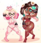  absurd_res animal_humanoid areola_slip armwear beauty_mark big_breasts bikini black_clothing black_hair bra breasts brown_skin cephalopod_humanoid clothing dark_skin duo exotic_pupils eyelashes female fingerless_gloves front_view gloves green_eyes hair hi_res humanoid inkling light_skin long_hair marina_(splatoon) marine mask_(marking) multicolored_hair navel navel_piercing nintendo octoling pale_skin panties pearl_(splatoon) piercing pink_clothing pink_pupils short_hair smile somescrub splatoon splatoon_2 suction_cup swimsuit tentacle_hair tentacles thick_thighs underwear video_games white_hair white_pupils wide_hips yellow_eyes 