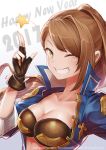  2017 ;) bangs beatrix_(granblue_fantasy) black_gloves breasts brown_hair bustier cleavage collarbone commentary english_commentary fingerless_gloves gloves granblue_fantasy grin happy_new_year highres kengzeta long_hair medium_breasts new_year one_eye_closed open_clothes ponytail popped_collar smile swept_bangs upper_body watermark web_address 