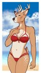  anthro antlers bikini breasts cervine chest_tuft clothed clothing female horn looking_at_viewer mammal porin solo standing swimsuit tuft wide_hips 