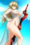  aestus_estus ahoge blonde_hair breasts covered_nipples fate/grand_order fate_(series) green_eyes hair_down hair_ribbon hand_on_hip highres large_breasts long_hair naked_robe nero_claudius_(fate)_(all) nero_claudius_(swimsuit_caster)_(fate) ribbon robe see-through smile solo sunset sword weapon white_ribbon zantyarz 
