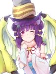  animal_ears artist_name bare_shoulders blush cape cat_ears closed_mouth commentary_request cosplay dragon_girl dragon_wings dress eyebrows_visible_through_hair fire_emblem fire_emblem:_seima_no_kouseki fire_emblem_heroes fire_emblem_if fur_trim hand_on_another's_head highres ippers japanese_clothes kimono long_hair mamkute multi-tied_hair myrrh obi one_eye_closed petting purple_eyes purple_hair sakura_(fire_emblem_if) sakura_(fire_emblem_if)_(cosplay) sash sleeveless sleeveless_kimono summoner_(fire_emblem_heroes) twintails wings 
