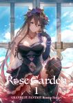  bare_shoulders belt blue_sky breasts brown_hair cleavage closed_mouth cloud collarbone commentary_request dress elbow_gloves eyebrows_visible_through_hair flower garter_straps gloves granblue_fantasy hair_between_eyes hair_flower hair_ornament hand_up highres kakage knee_up large_breasts long_hair looking_at_viewer navel_cutout purple_eyes rose rosetta_(granblue_fantasy) sitting sky smile solo sunlight thighhighs wide_sleeves wood 
