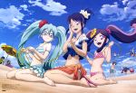  5girls :d ;d absurdres airborne animedia aqua_hair bare_legs bare_shoulders barefoot beach beach_umbrella beach_volleyball bikini bikini_skirt black_hair blue_eyes blue_frills blue_hair blue_shirt blue_sky blue_swimsuit blush_stickers breasts brown_eyes brown_hair brown_swimsuit cloud cloudy_sky collarbone crop_top daimonyama_tsuranuki day eyebrows_visible_through_hair flag flat_chest floating floral_print flower frilled_shirt frills from_below front-tie_bikini front-tie_top glasses gradient_shirt gradient_swimsuit green_shorts green_skirt green_stripe green_swimsuit grin hair_between_eyes hair_flower hair_ornament hair_scrunchie hand_on_own_face hat hatsune_miku_(shinkalion) hayasugi_haruka hayasugi_hayato hayasugi_sakura headphones headwear_request hibiscus highres holding holding_flag hood hooded_jacket jacket jumping laughing layered_skirt leg_hug logo long_hair looking_at_viewer lying magazine_scan male_swimwear medium_breasts mihara_futaba multicolored_hair multicolored_umbrella multiple_boys multiple_girls nagasaku_tomokatsu navel official_art oga_akita on_stomach one_eye_closed open_mouth orange_sarong outdoors pink-framed_eyewear pink_bikini pink_footwear pink_hair pink_jacket pink_scrunchie pinky_out plumeria polka_dot polka_dot_bikini print_footwear purple_eyes purple_hair purple_stripe red_flower red_swimsuit robot sand sandals sarong scan scrunchie semi-rimless_eyewear shinkansen_henkei_robo_shinkalion shirt short_hair short_ponytail shorts side-tie_bikini single_stripe single_vertical_stripe sitting skindentation skirt sky smile spiked_hair squatting streaked_hair striped striped_bikini sun_hat sunflower sunflower_hair_ornament sweat swim_trunks swimsuit swimwear toes tongue twintails ueda_azusa umbrella volleyball volleyball_net waving_arm white_bikini white_flower white_hat white_polka_dots white_scrunchie white_shirt white_skirt white_stripes wrist_scrunchie yellow_flower yellow_jacket yokozuwari 