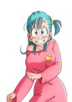 1girl blue_eyes blush breasts bulma clenched_teeth cowboy_shot dragon_ball dress green_hair highres large_breasts long_dress long_hair long_sleeves looking_at_viewer off_shoulder pink_dress ponytail side_ponytail simple_background solo standing teeth transparent_background yamamoto_doujin 