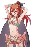  arms_up belt bow breasts cape cleavage commentary_request cosplay fire_emblem fire_emblem:_kakusei fire_emblem_heroes highres hraaat long_hair midriff navel nono_(fire_emblem) nono_(fire_emblem)_(cosplay) pink_bow ponytail red_eyes red_hair simple_background small_breasts solo tiamo white_background white_belt 