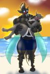  2018 absurd_res beach blues64 blush bulge changeling clothing duo ebonheart female hi_res hole_(anatomy) horn male marauder6272 muscular muscular_male my_little_pony outside seaside water wings 