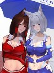  akagi_(azur_lane) alternate_costume animal_ear_fluff animal_ears azur_lane bangs belt blue_eyes blue_umbrella blunt_bangs breasts cleavage commentary_request crop_top elbow_gloves eyeliner eyeshadow fox_ears fox_tail gloves hayabusa highres kaga_(azur_lane) kitsune large_breasts looking_at_viewer makeup multiple_girls multiple_tails navel open_mouth race_queen red_eyes shared_umbrella shiny shiny_clothes short_shorts shorts tail umbrella white_background white_hair 