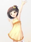  :d arm_up armpits artist_name bangs bare_arms bare_shoulders basa_rutan black_hair blush bow breasts brown_eyes collarbone dress eyebrows_visible_through_hair flower grey_background hair_bow hair_flower hair_ornament hand_up highres idolmaster idolmaster_million_live! leaning_to_the_side nakatani_iku one_side_up open_mouth simple_background sleeveless sleeveless_dress small_breasts smile socks solo standing standing_on_one_leg v white_flower white_legwear yellow_bow yellow_dress 