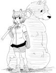  2015 5_fingers ambiguous_gender animal_humanoid armwear bear bear_humanoid biped black_and_white blush bow_tie breasts brown_bear_(kemono_friends) clothed clothing digital_drawing_(artwork) digital_media_(artwork) dress_shirt duo elbow_gloves female feral fingerless_gloves fist footwear front_view full-length_portrait fur gloves hair hatching_(technique) holding_object humanoid humanoid_hands japanese kemono_friends kurageto larger_ambiguous legwear looking_away looking_back low_res mammal medium_breasts monochrome open_mouth paw_gloves portrait rear_view shadow shirt shoes short_hair short_tail simple_background sitting size_difference skirt smaller_female snout staff standing thigh_highs white_background 