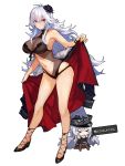 azur_lane bangs black_swimsuit breasts cape chibi cleavage closed_mouth collarbone commentary_request dual_persona flower fur-trimmed_cape fur_trim graf_zeppelin_(azur_lane) hair_between_eyes hair_flower hair_ornament highres hips large_breasts legs long_hair looking_at_viewer mephist-pheles multiple_girls navel one-piece_swimsuit red_eyes silver_hair swimsuit thighs 