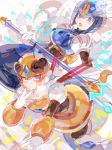  2girl android antennae blue_eyes breasts closed_mouth gloves helmet holding holding_weapon honey_woman looking_to_the_side medium_breasts open_mouth rockman rockman_(classic) rockman_8 splash_woman trident uu weapon white_gloves 