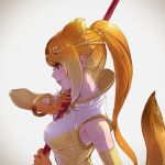  animal_ears backlighting bangle between_breasts blonde_hair bracelet breasts commentary_request elbow_gloves extra_ears from_side gloves gold_trim golden_snub-nosed_monkey_(kemono_friends) gradient_hair head_tilt highres holding holding_staff jewelry kemono_friends long_hair medium_breasts monkey_ears monkey_girl monkey_tail multicolored_hair nape nose orange_hair ponytail profile realistic smile solo staff tail takami_masahiro upper_body white_hair 