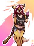  2018 baseball_bat breasts candice_(femtoampere) canine cleavage clothed clothing collar conditional_dnp digital_media_(artwork) female fur gloves hair heterochromia hi_res invalid_tag kawfee long_hair mammal piercing pink_hair punk shirt shorts spikes tank_top thick_thighs white_fur yellow_fur 