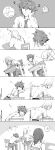  2boys chair comic commentary_request desk greyscale highres kairi_(kingdom_hearts) kingdom_hearts kingdom_hearts_ii long_hair medium_hair monochrome multiple_boys pants plaid plaid_pants ramochi_(auti) riku school_uniform short_hair sora_(kingdom_hearts) 