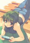  absurdres ass bangs bare_shoulders blue_eyes breasts denim eyebrows_visible_through_hair green_hair handheld_game_console highres holding jeans long_hair looking_at_viewer lying medium_breasts mitsumi_misato on_stomach original pants pillow playstation_portable scan sidelocks sleeveless solo wooden_floor 