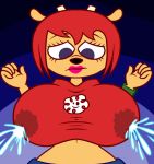  5_fingers bangs big_breasts blue_eyes breasts caprine clothing colored_outlines concerned female frown fur hair horn hourglass huge_breasts hyper hyper_breasts hyperflannel_(artist) lactating lammy_lamb lipstick makeup mammal midriff navel parappa_the_rapper red_hair sheep tan_fur tight_clothing toony um_jammer_lammy video_games voluptuous watch wide_hips 