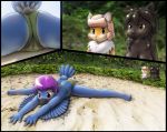  avian beak bird black_beak black_fur black_hair blue_feathers camel_toe chest_tuft feathers female fur group hair lilybird mammal purple_hair rodent squirrel tuft 