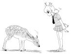  2015 ambiguous_gender animal_humanoid antlers biped black_and_white bowing breasts cervine cervine_humanoid clothing cloven_hooves digital_drawing_(artwork) digital_media_(artwork) duo female feral footwear full-length_portrait fur hatching_(technique) hooves horn humanoid japanese kemono_friends kurageto larger_female leaning leaning_forward looking_at_another looking_down low_res mammal monochrome motion_lines necktie pigtails pleated_skirt portrait quadruped shadow shirt shoes short_tail side_view sika_deer sika_deer_(kemono_friends) simple_background size_difference skirt small_breasts smaller_ambiguous smile snout standing white_background 