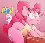  ! ambiguous_gender anthro bent_over big_butt big_tail blue_eyes blush bottomless butt clothed clothing cutie_mark dialogue disembodied_hand duo earth_pony english_text equine female friendship_is_magic fur hair horse long_tail mammal my_little_pony pink_fur pink_hair pink_tail pinkie_pie_(mlp) pony ponytail purple_yoshi_draws semi-anthro shirt snuckums spanking speech_bubble text wide_eyed wide_hips 
