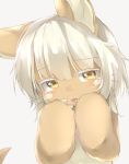  animal_ears bangs blush bunny_ears claws eyebrows_visible_through_hair furrowed_eyebrows furry hands_on_own_face horizontal_pupils made_in_abyss nanachi_(made_in_abyss) neko_pachi open_mouth red_pupils short_hair solo tail topless whiskers white_hair yellow_eyes 