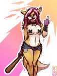  2018 baseball_bat candice_(femtoampere) canine clothed clothing collar conditional_dnp digital_media_(artwork) female fur gloves hair heterochromia hi_res invalid_tag kawfee long_hair mammal middle_finger nipple_tape pasties piercing pink_hair punk shorts simple_background spikes tape thick_thighs topless white_fur wide_hips yellow_fur 